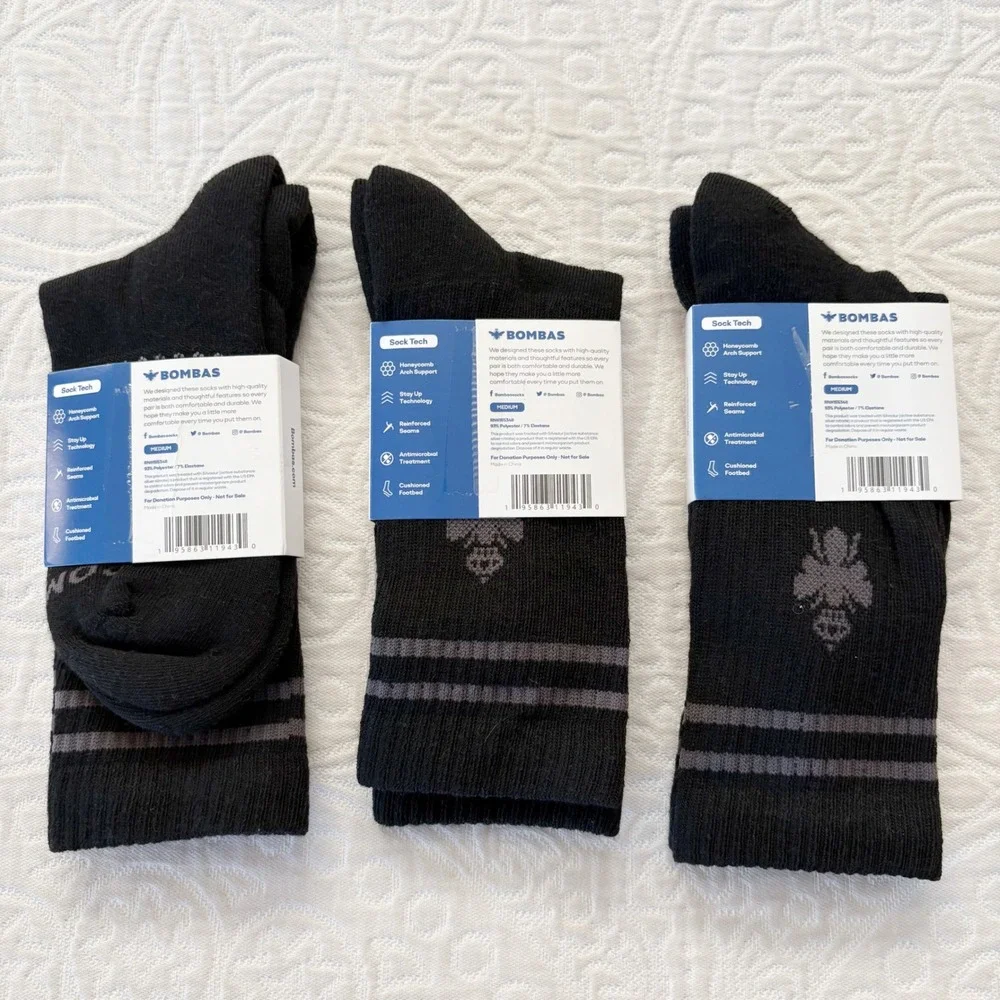 Bombas Crew Length Socks -‎ Sz M, 3 Pairs, Black